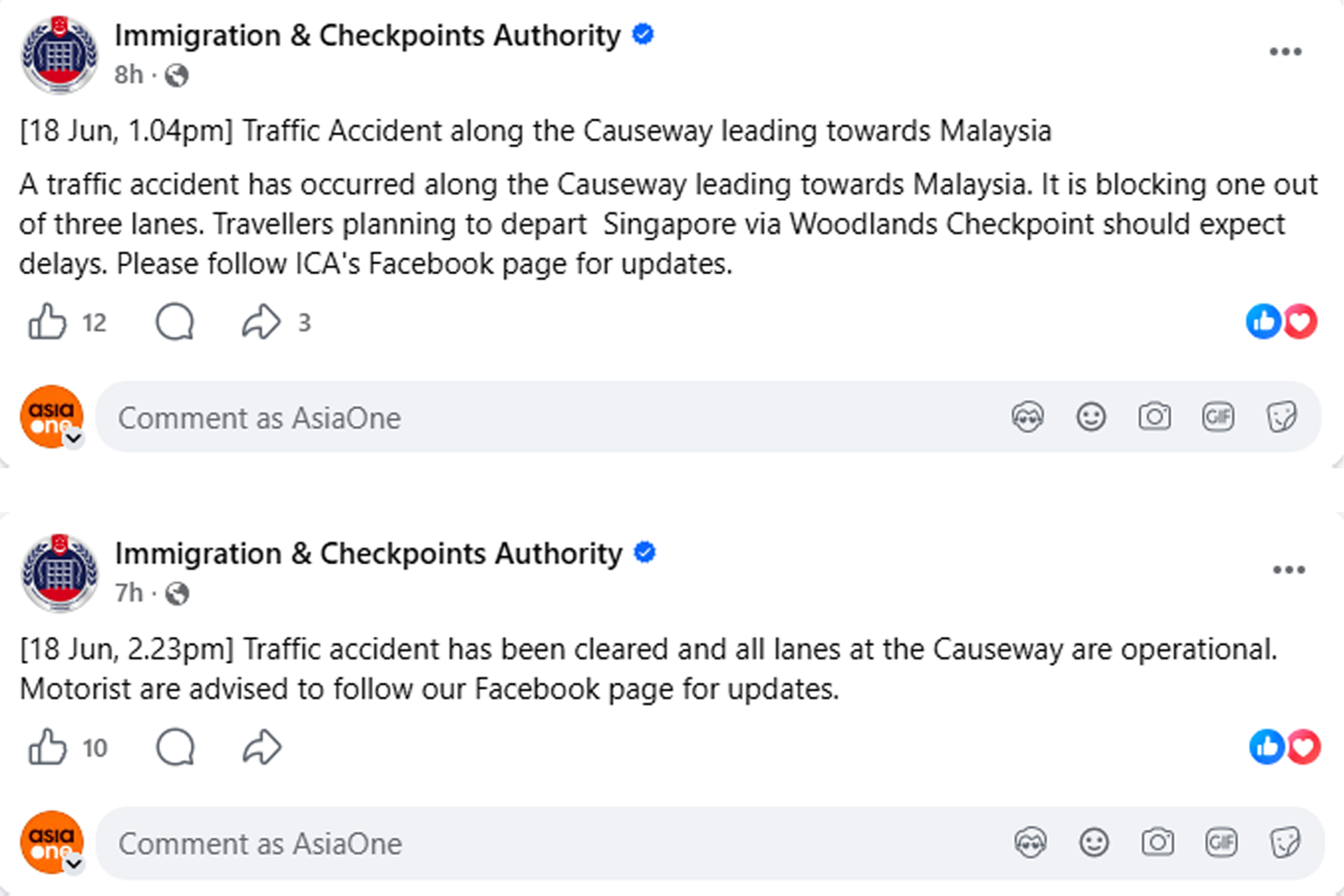 The first accident, involving a car and a motorcycle, happened at about 12.45pm on June 18 in the direction of Malaysia.