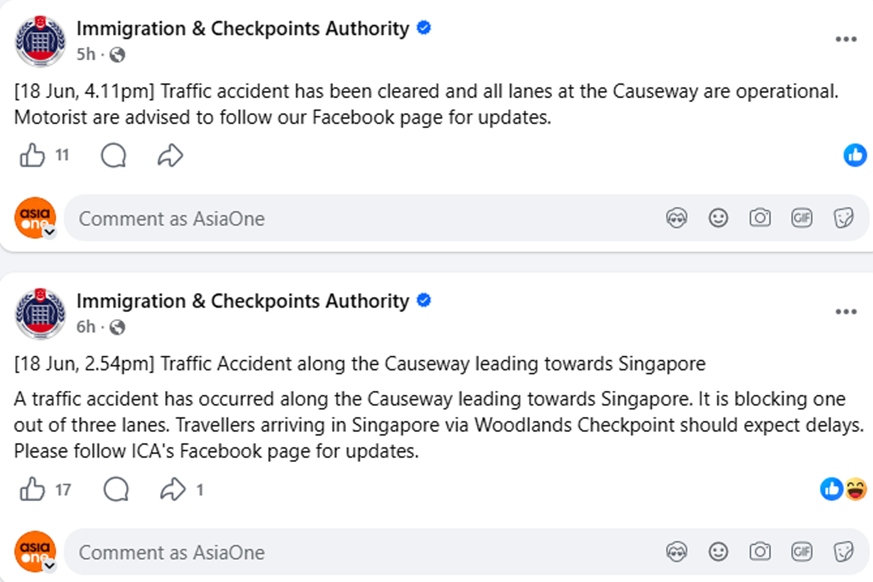 The second accident, also involving a car and a motorcycle, happened at about 2.40pm on June 18 in the direction of Woodlands Checkpoint. 