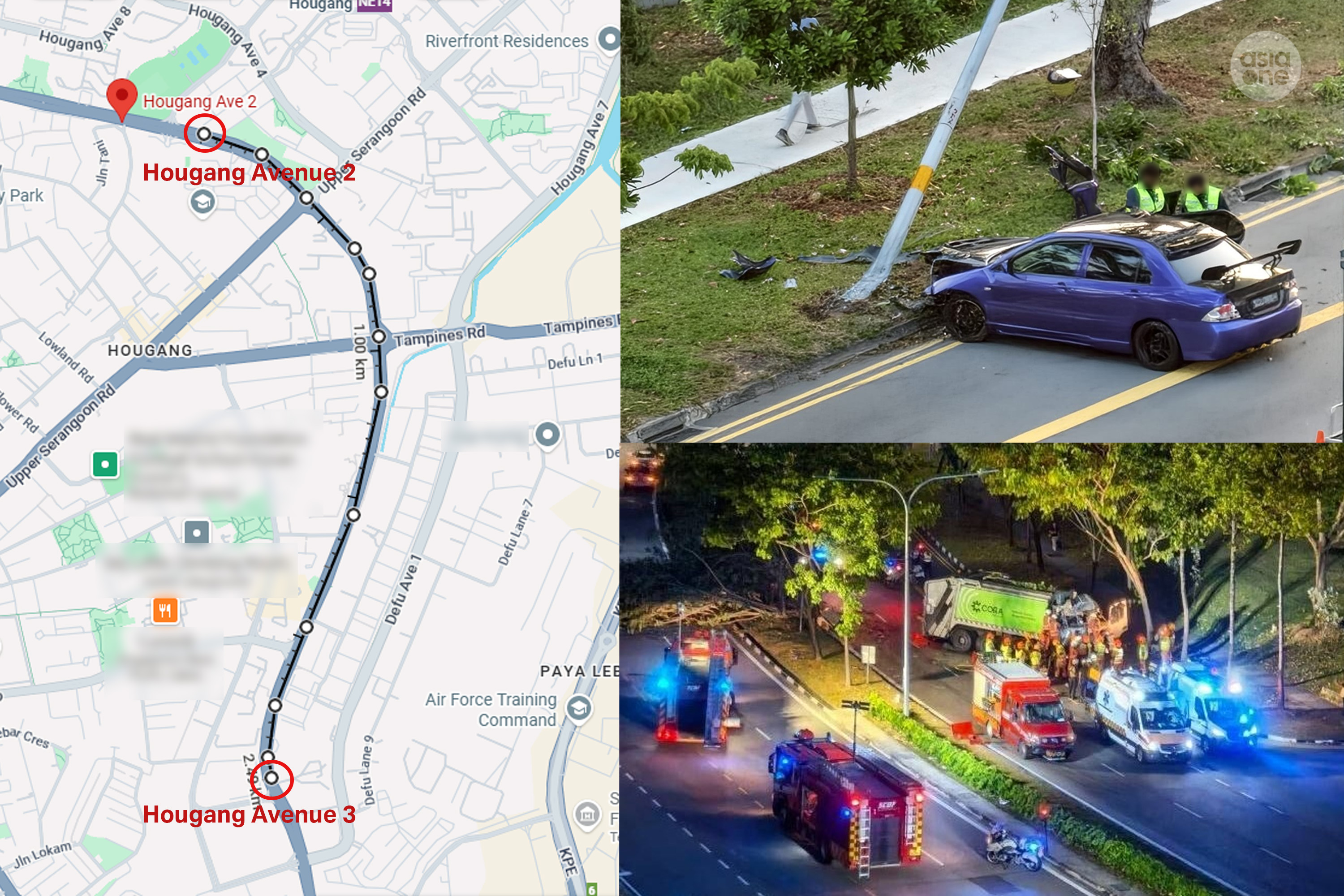 Map showing the two accidents along Hougang Avenue 2 and Hougang Avenue 3 on Tuesday (March 24) morning.