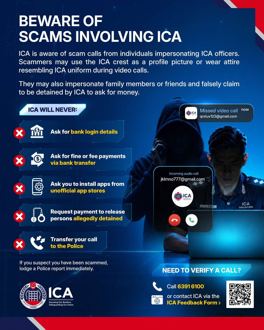 ICA on Wednesday (June 10) warned members of the public of scams involving individuals impersonating ICA officers. 