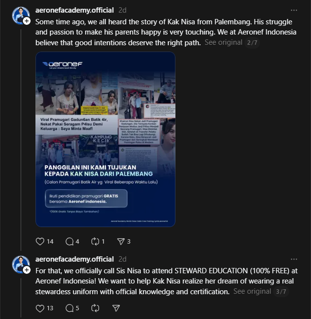 Indonesia-based Aeronef Academy has offered the 23-year-old a training scholarship to become a certified flight attendant.