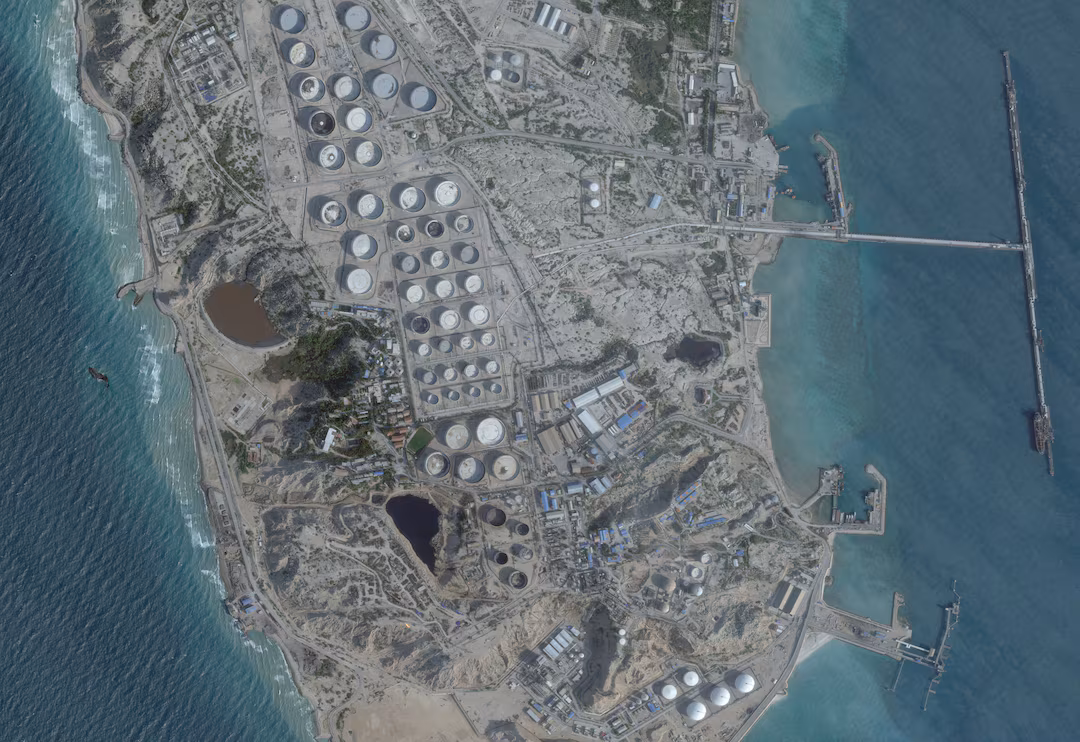 A satellite image shows an oil terminal at Kharg Island, Iran.