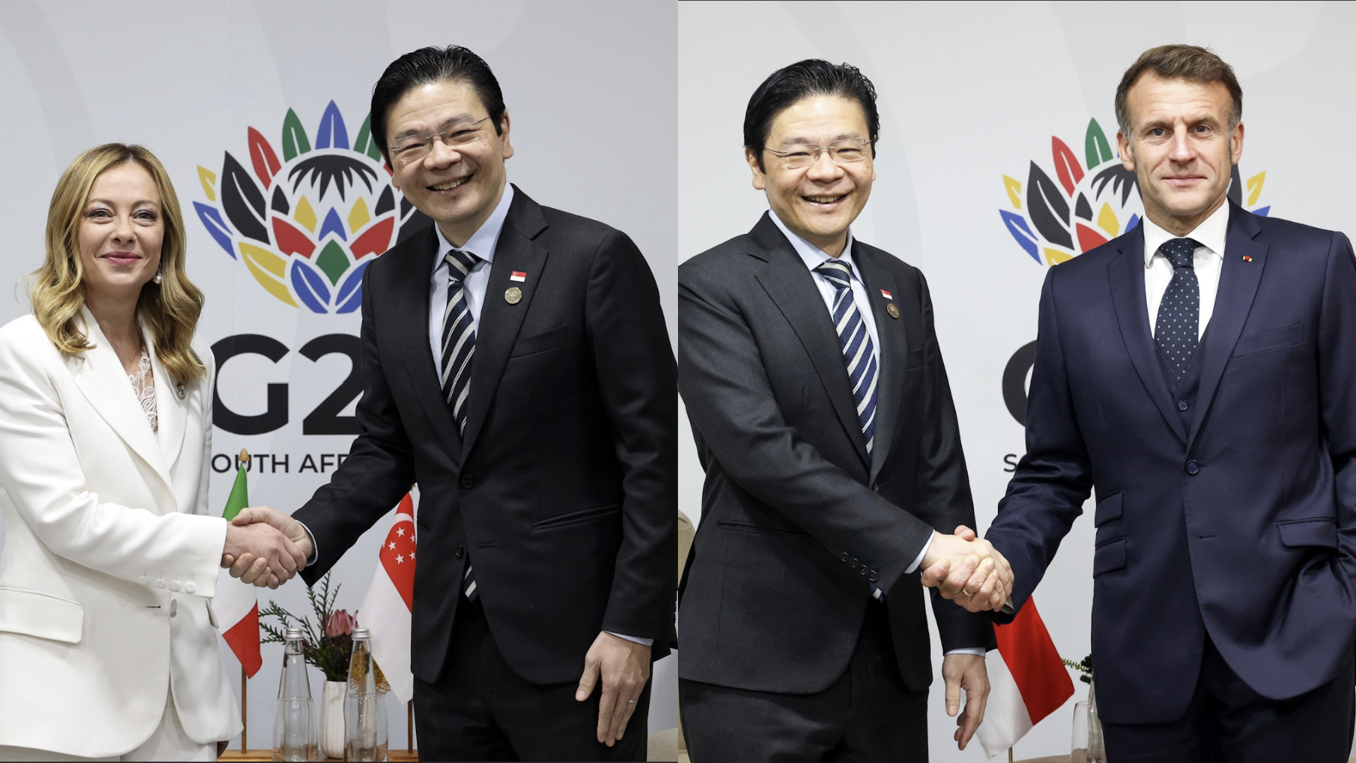 PM Wong meeting with Italian PM Giorgia Meloni (left) and French President Emmanuel Macron (right).