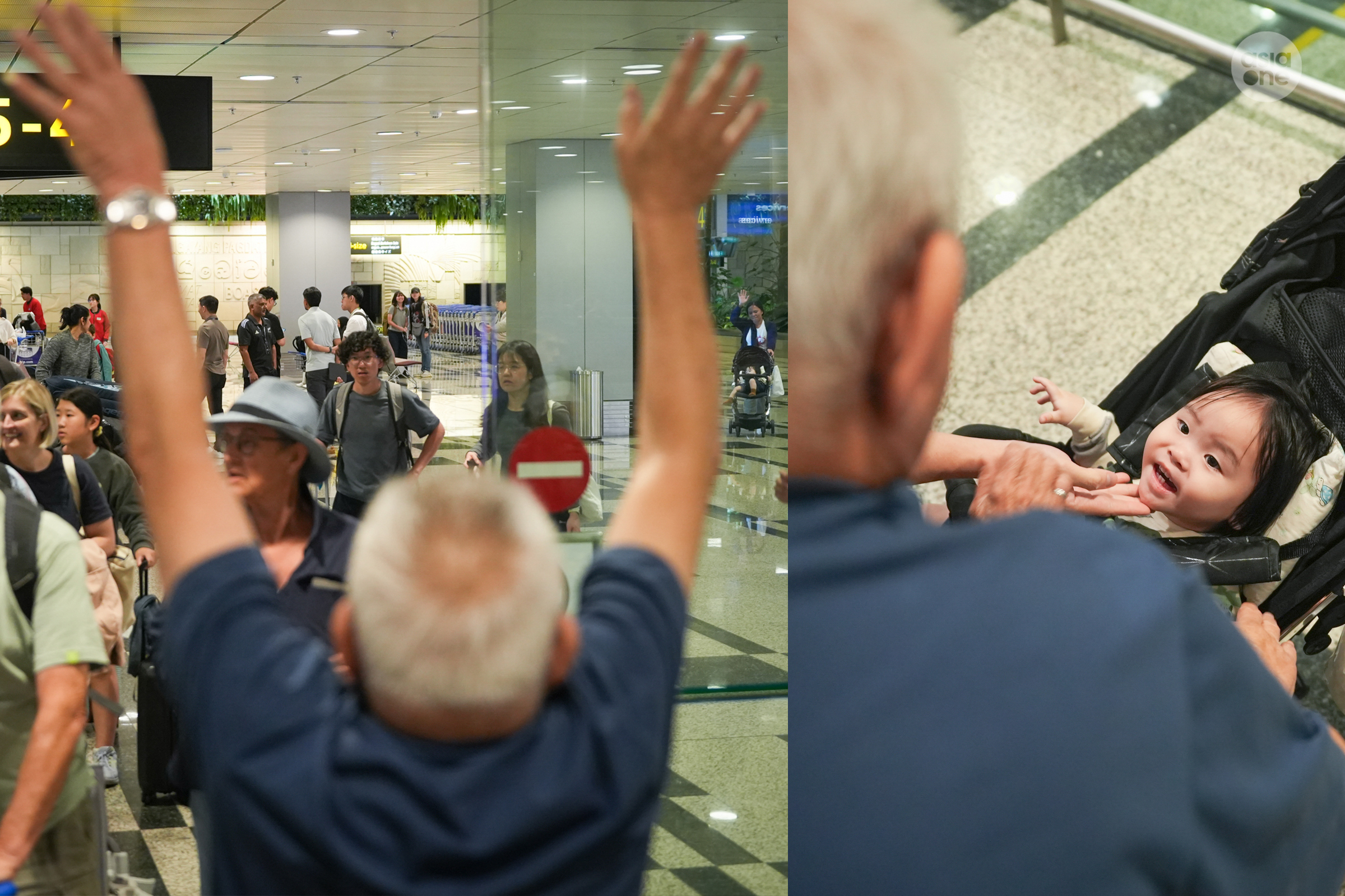 This grandfather was just happy to see his family return safely. He threw his arms up into the air once he saw them. 