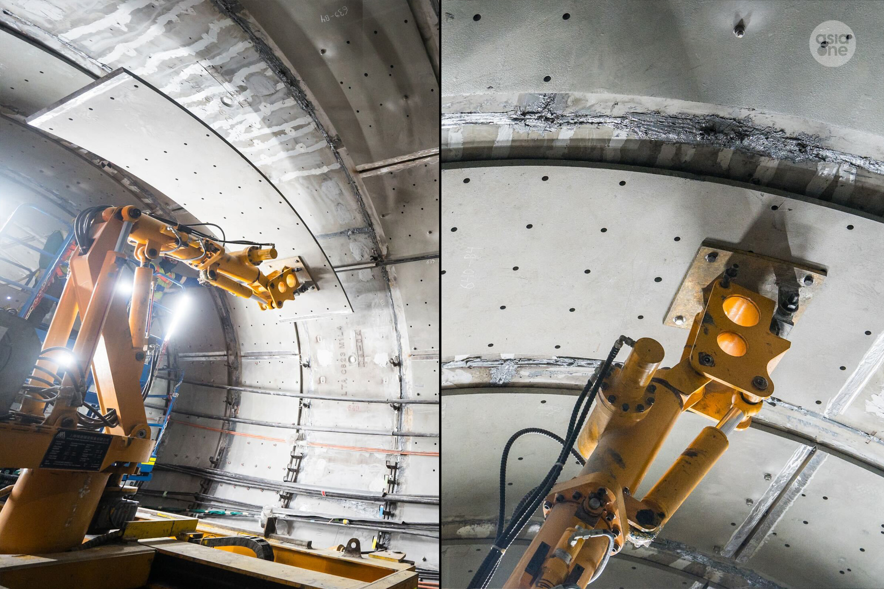 A robotic arm is used to install the steel rings in the tunnel.