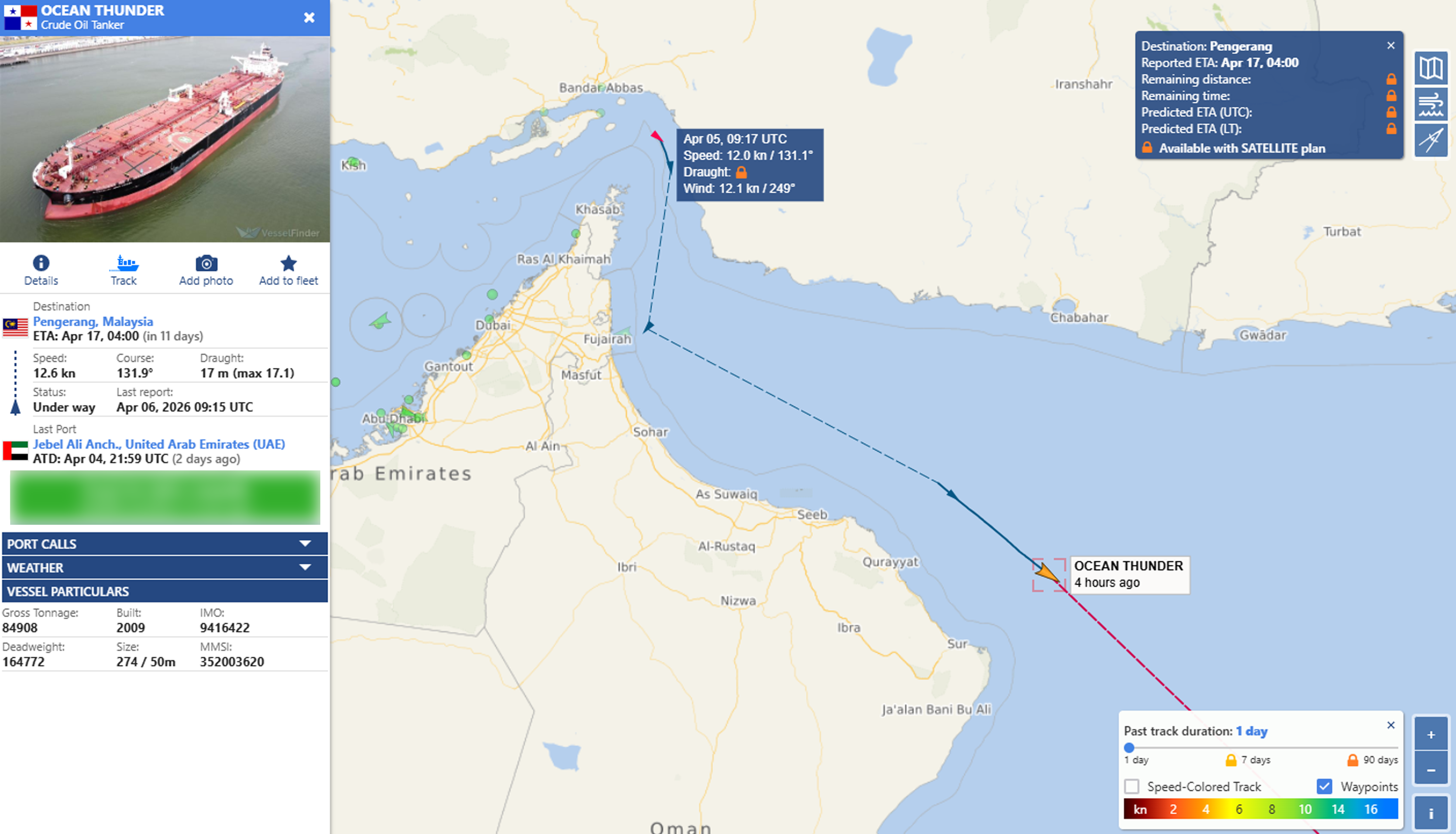 Ocean Thunder transited through the Strait of Hormuz at about 5.17pm on Sunday (April 5).