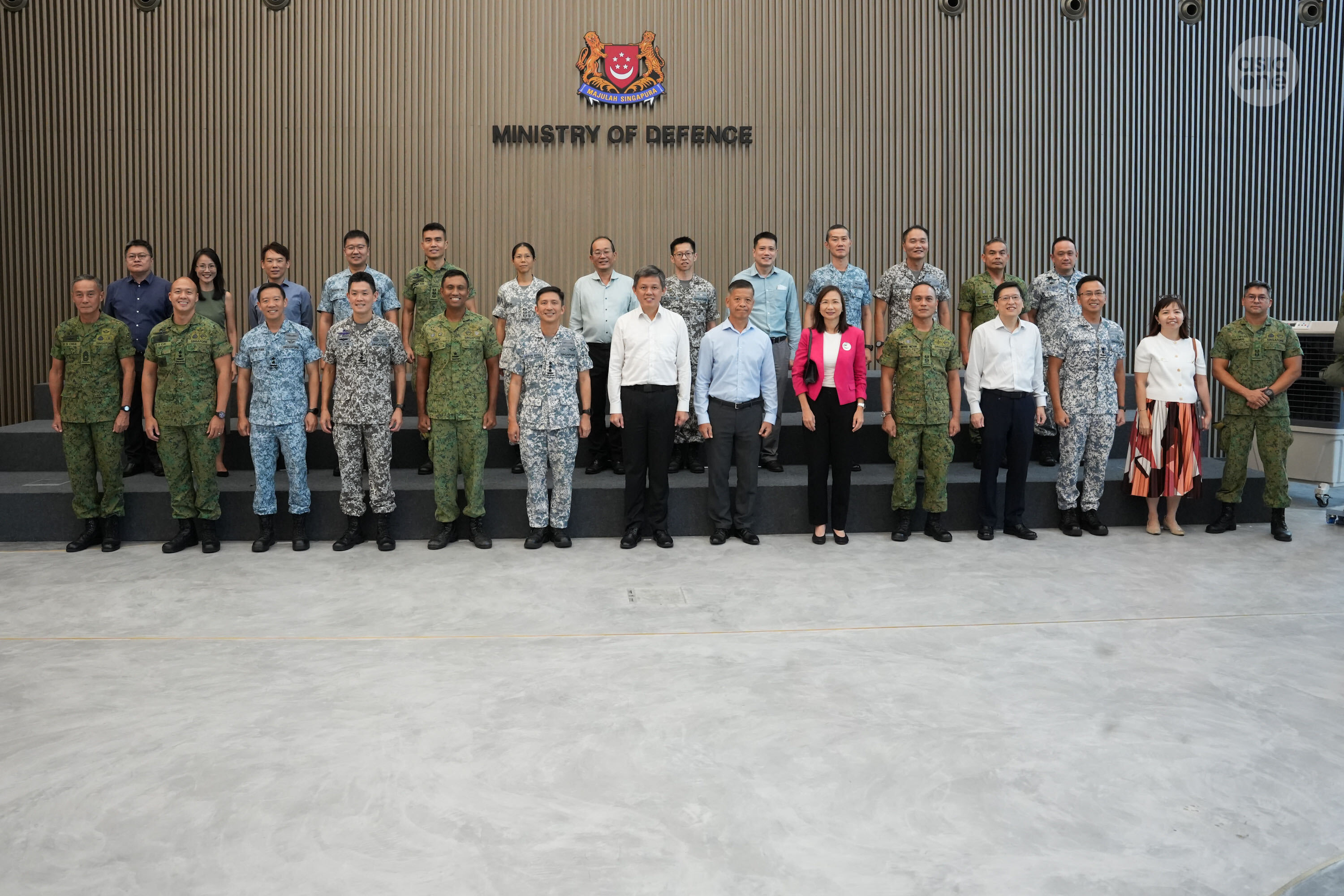 In his speech, Defence Minister Chan Chun Sing highlighted the NCC's role in developing young Singaporeans and strengthening their commitment to Singapore's defence. Chief of Defence Force Vice Admiral Aaron Beng (sixth from left) was a Cadet Lieutenant in the NCC.