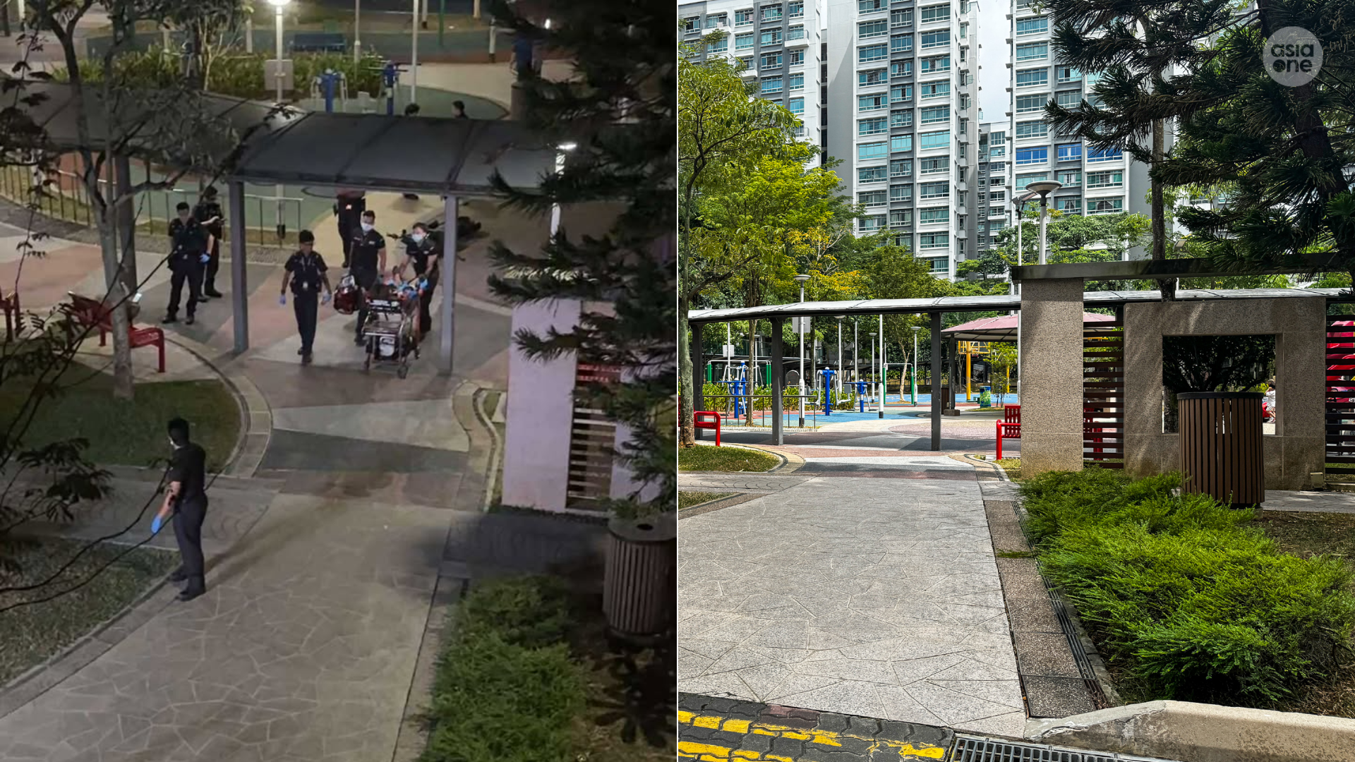 The 17-year-old male teenager being led away to a waiting ambulance. Police officers are seen escorting him.