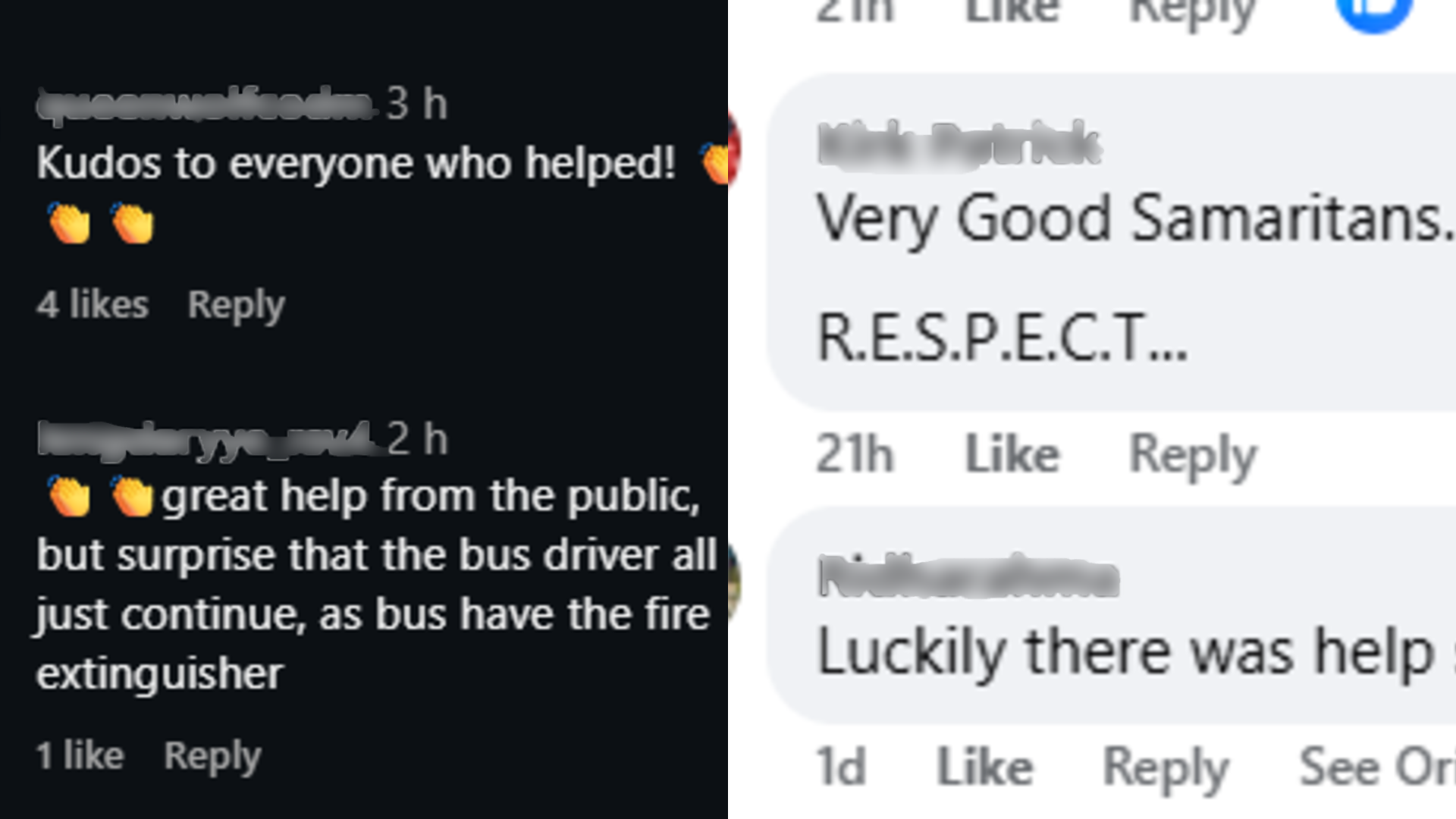 Some netizens praised the passers-by for stepping forward to help contain the fire.
