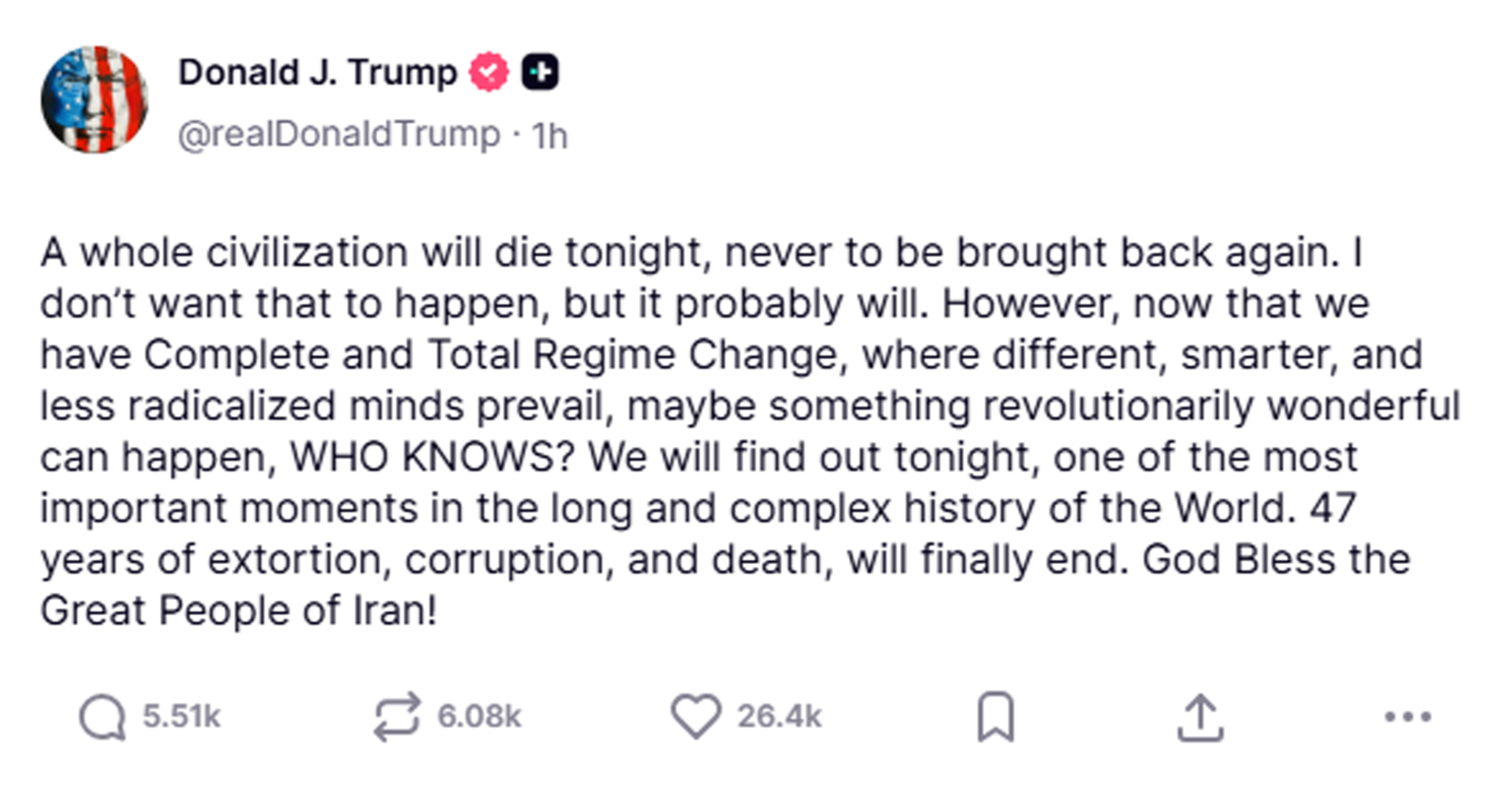 Trump wrote on a Truth Social post on Tuesday (April 7) evening that "a whole civilisation will die tonight", just hours before his deadline to Iran for the opening of the Strait of Hormuz neared.