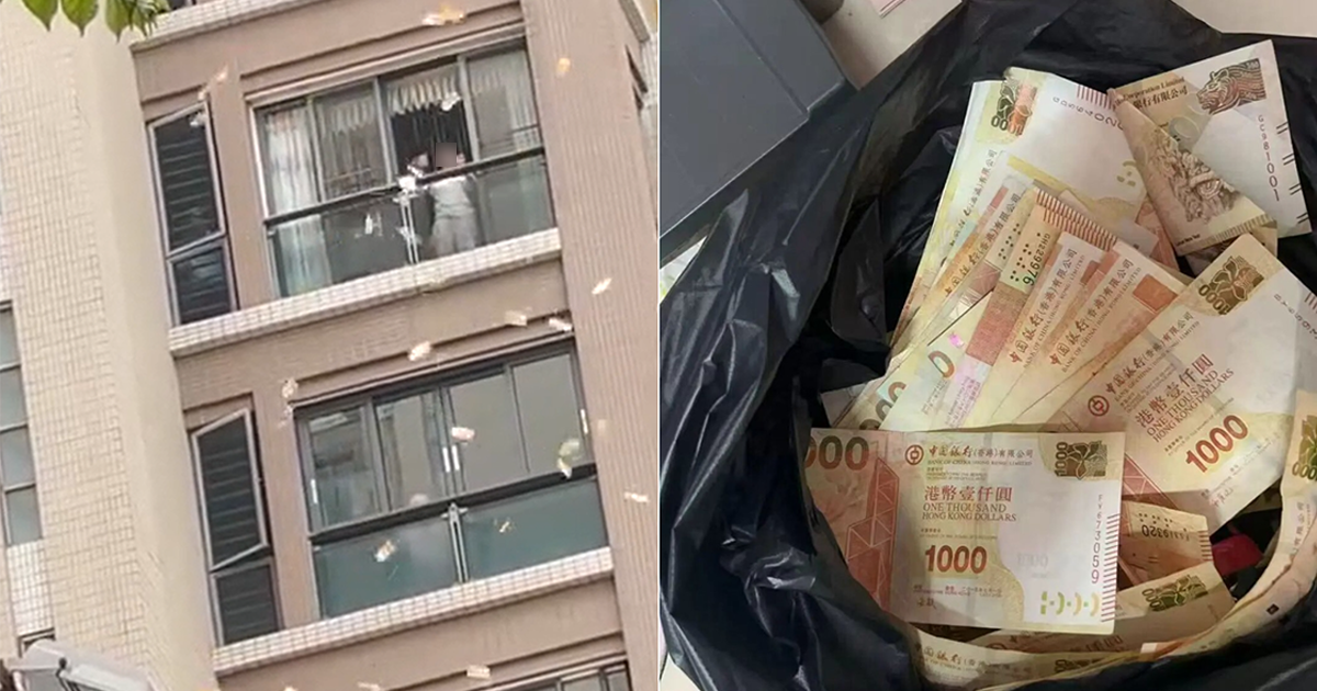 Money falls from high-rise apartment in China as distressed woman scatters banknotes 