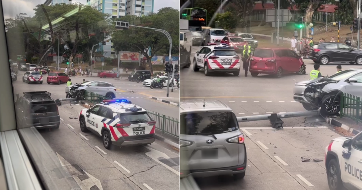 Car lands on road divider, traffic light toppled in Bedok accident
