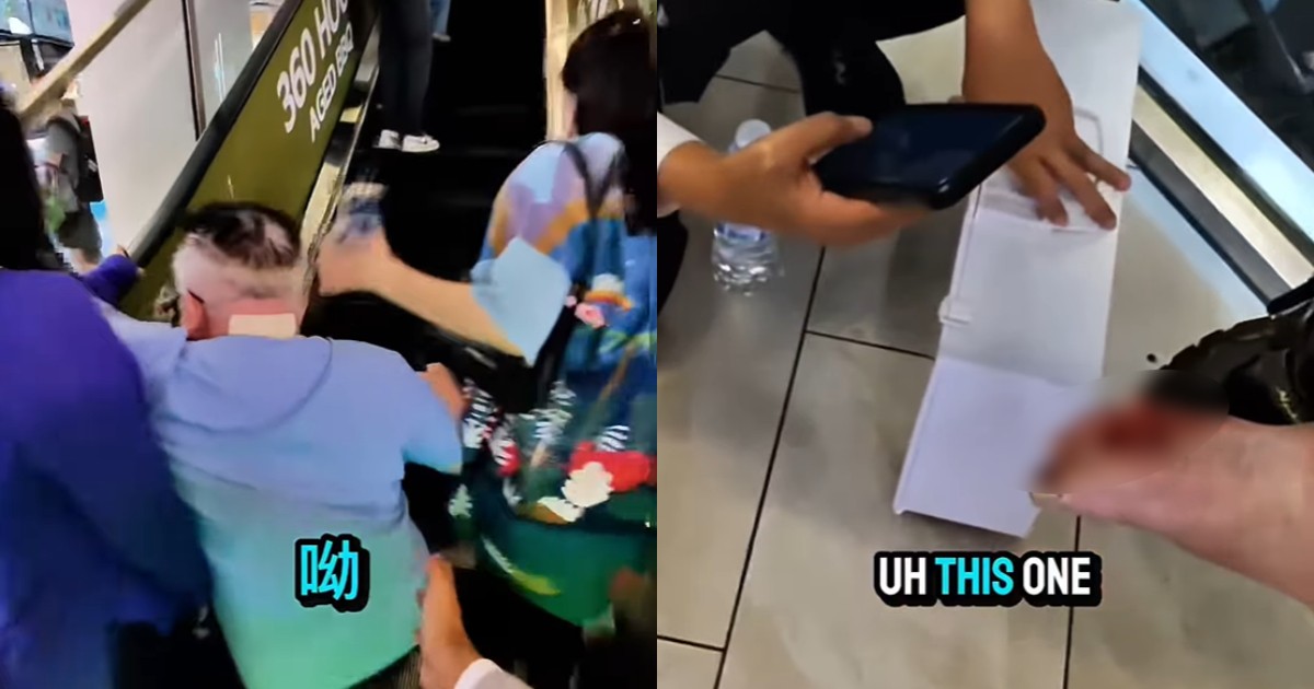 Shoppers hold man who fell down escalator at PLQ, take him to seek first aid for bleeding foot